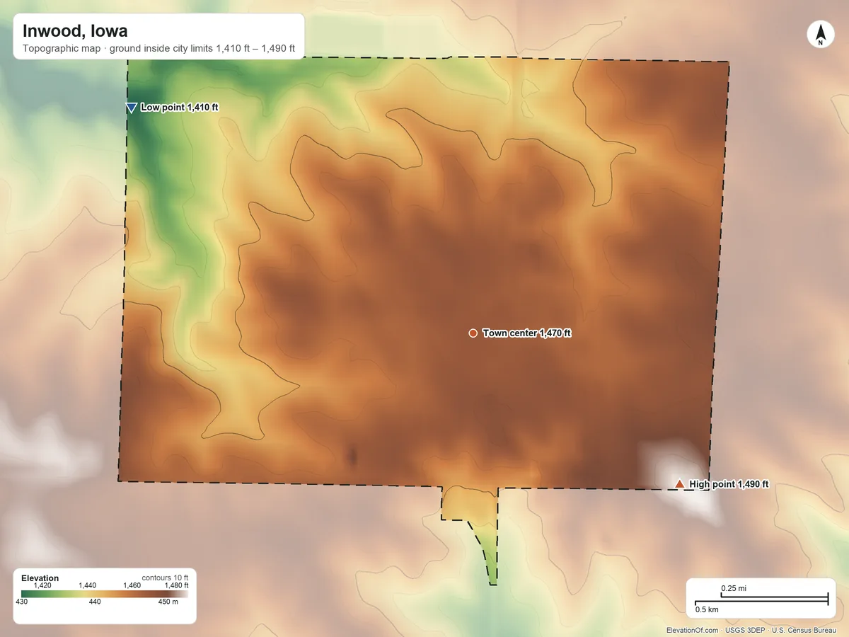 Topographic elevation map of Inwood, Iowa, shaded from 1,410 ft on the northwest side to 1,490 ft on the southeast side
