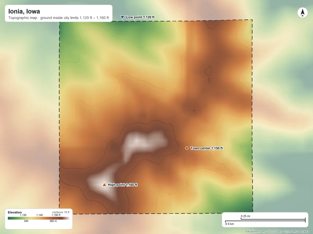 Topographic elevation map of Ionia, Iowa, shaded from 1,120 ft on the northwest side to 1,160 ft on the southwest side