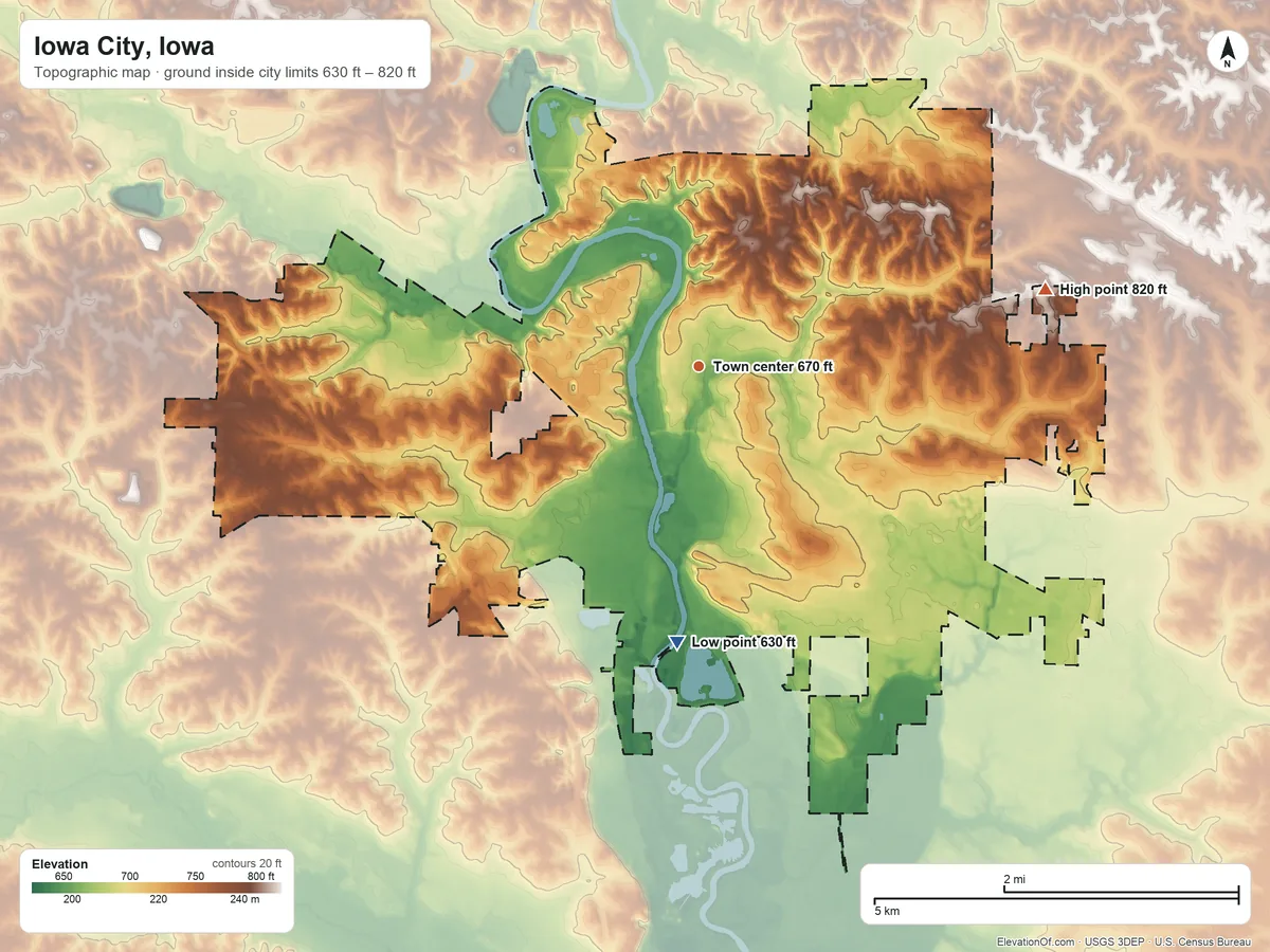 Topographic elevation map of Iowa City, Iowa, shaded from 630 ft on the south side to 820 ft on the east side
