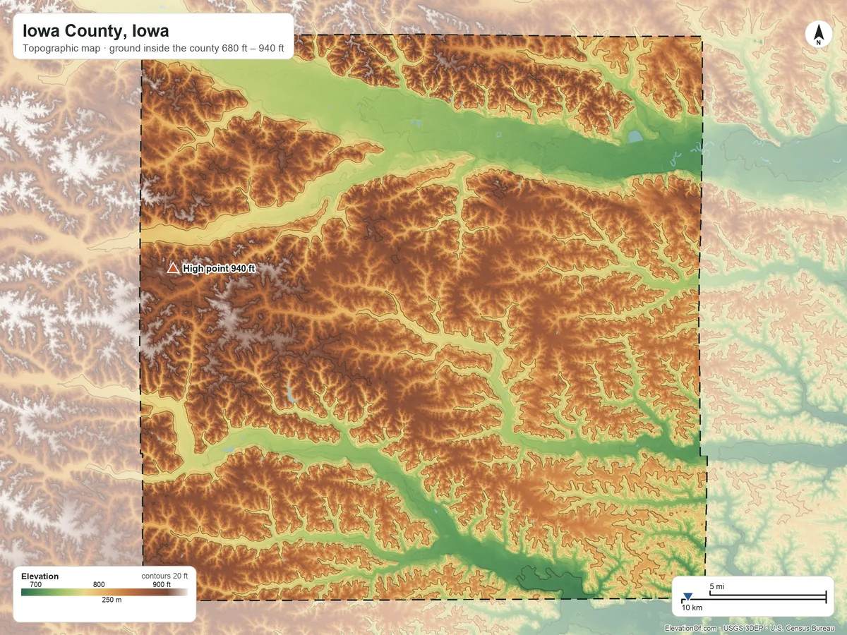 Topographic elevation map of Iowa County, Iowa, shaded from 680 ft on the southeast side to 940 ft on the west side