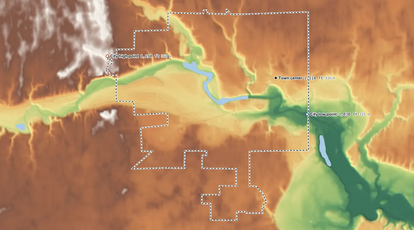 Topographic elevation map of Iowa Falls, Iowa, shaded from 1,030 ft on the southeast side to 1,190 ft on the west side