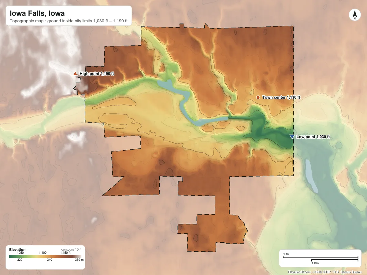 Topographic elevation map of Iowa Falls, Iowa, shaded from 1,030 ft on the southeast side to 1,190 ft on the west side