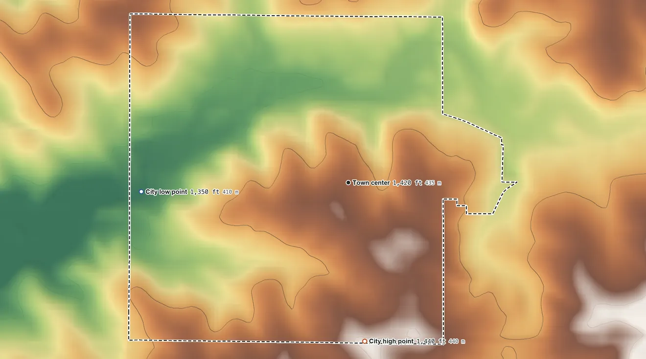 Topographic elevation map of Ireton, Iowa, shaded from 1,350 ft on the west side to 1,440 ft on the south side