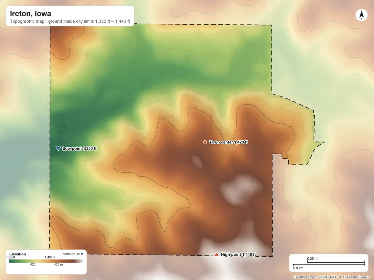 Topographic elevation map of Ireton, Iowa, shaded from 1,350 ft on the west side to 1,440 ft on the south side