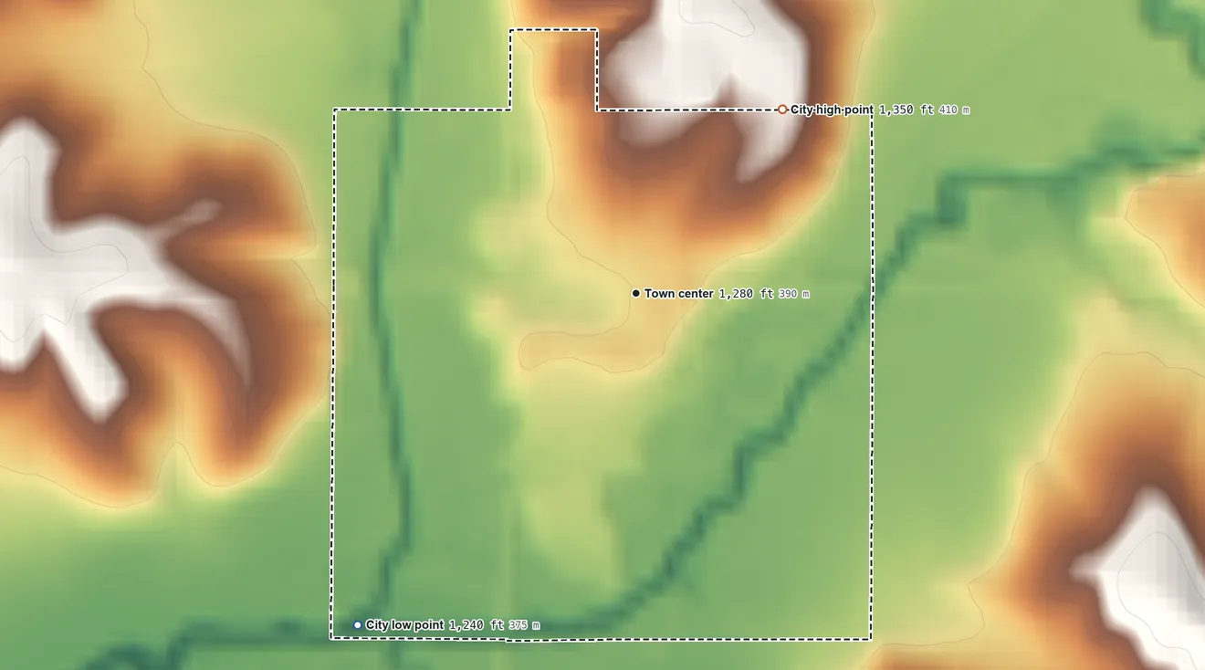 Topographic elevation map of Irwin, Iowa, shaded from 1,240 ft on the southwest side to 1,350 ft on the northeast side