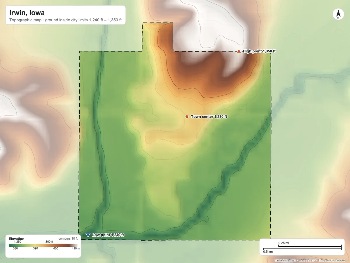 Topographic elevation map of Irwin, Iowa, shaded from 1,240 ft on the southwest side to 1,350 ft on the northeast side