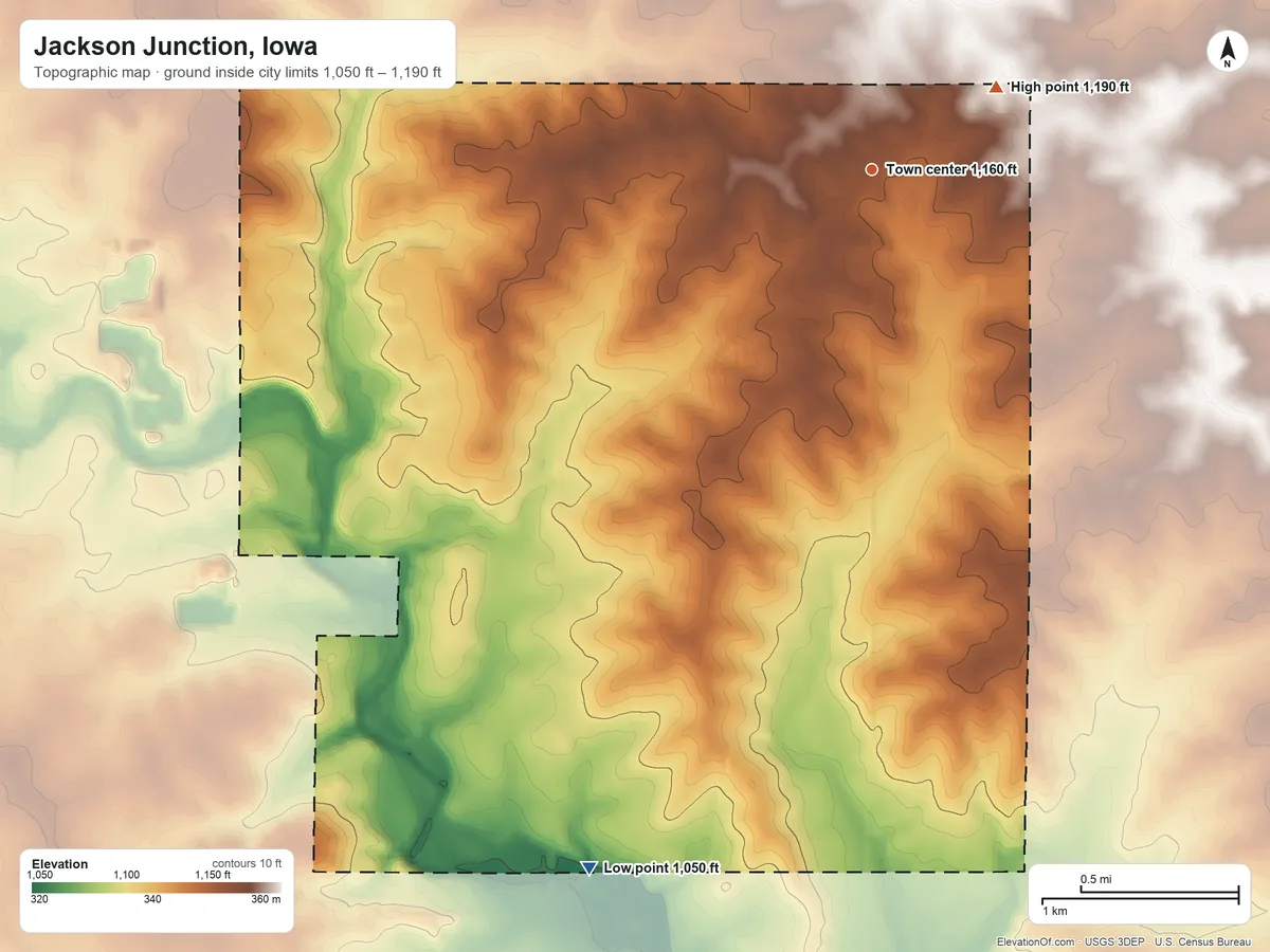 Topographic elevation map of Jackson Junction, Iowa, shaded from 1,050 ft on the south side to 1,190 ft on the northeast side