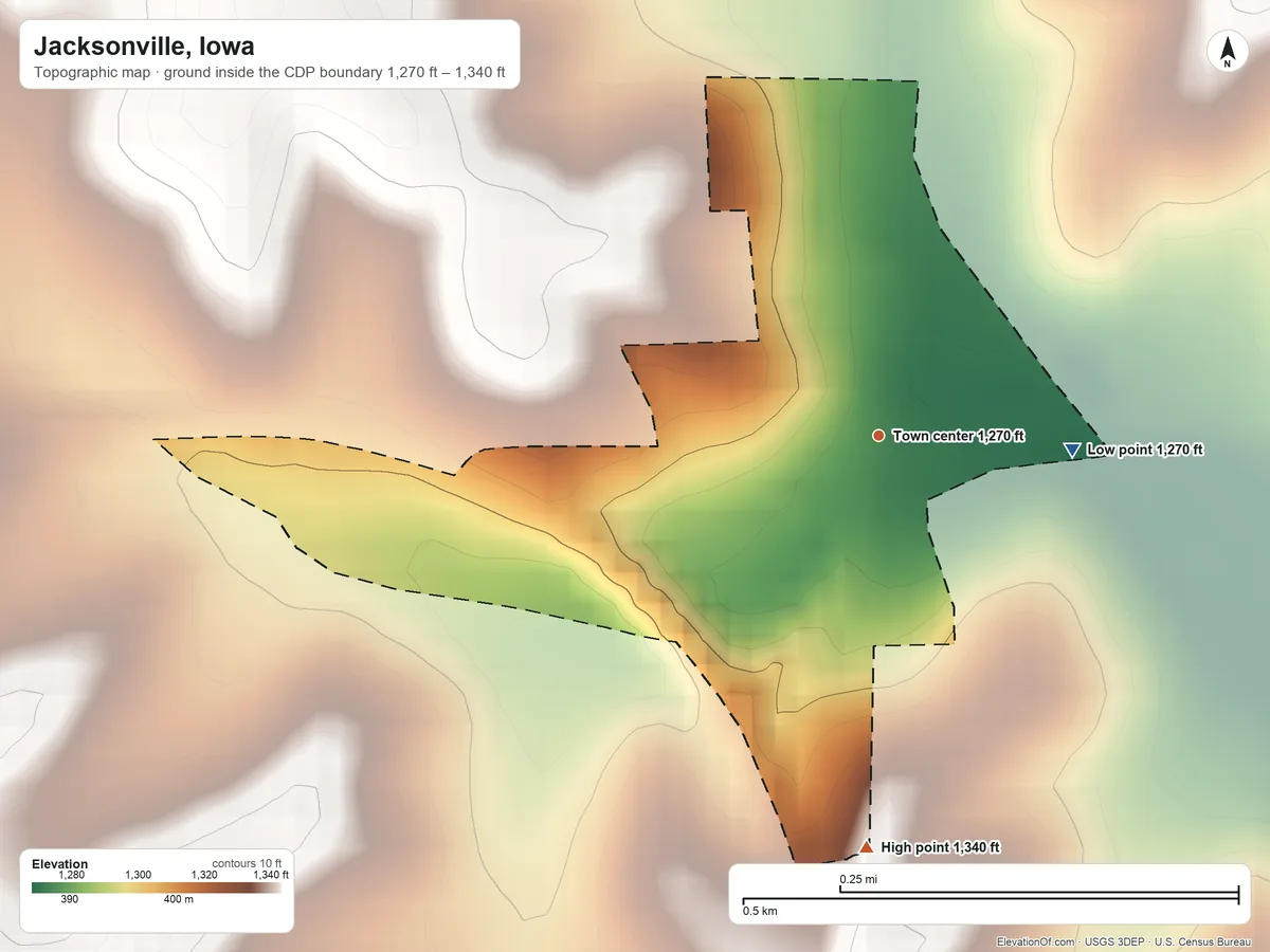 Topographic elevation map of Jacksonville, Iowa, shaded from 1,270 ft on the east side to 1,340 ft on the south side