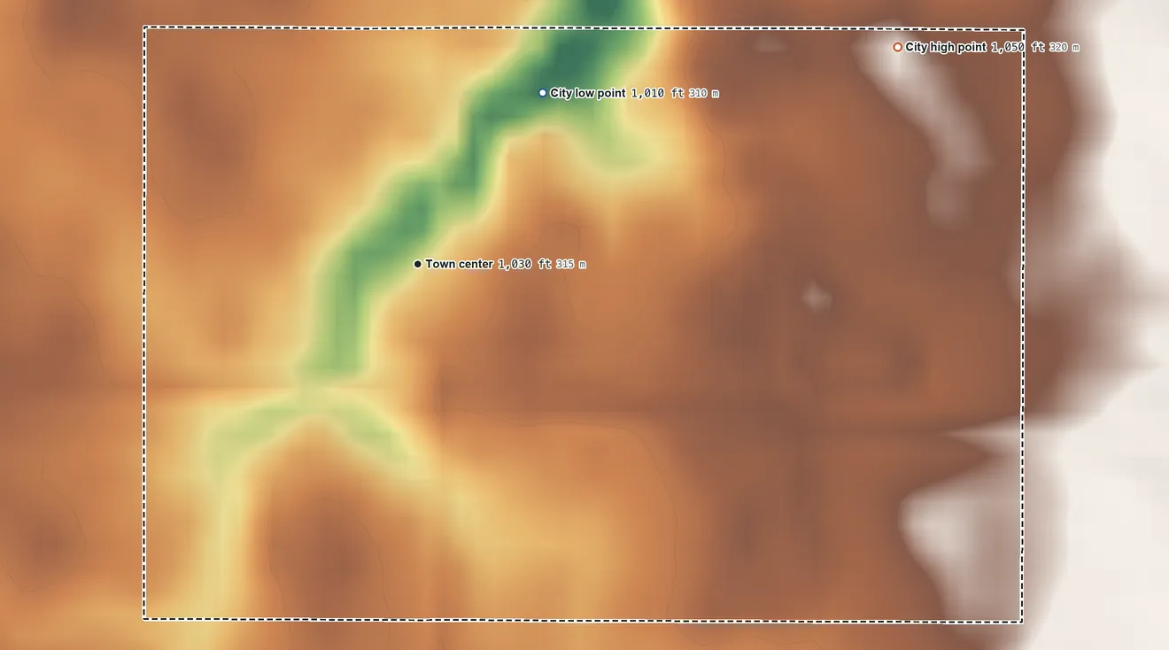 Topographic elevation map of Jamaica, Iowa, shaded from 1,010 ft on the northeast side to 1,050 ft on the northeast side