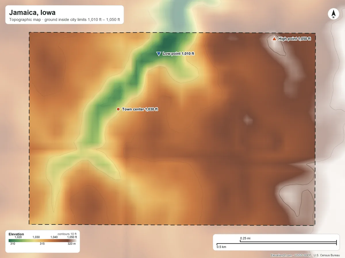Topographic elevation map of Jamaica, Iowa, shaded from 1,010 ft on the northeast side to 1,050 ft on the northeast side