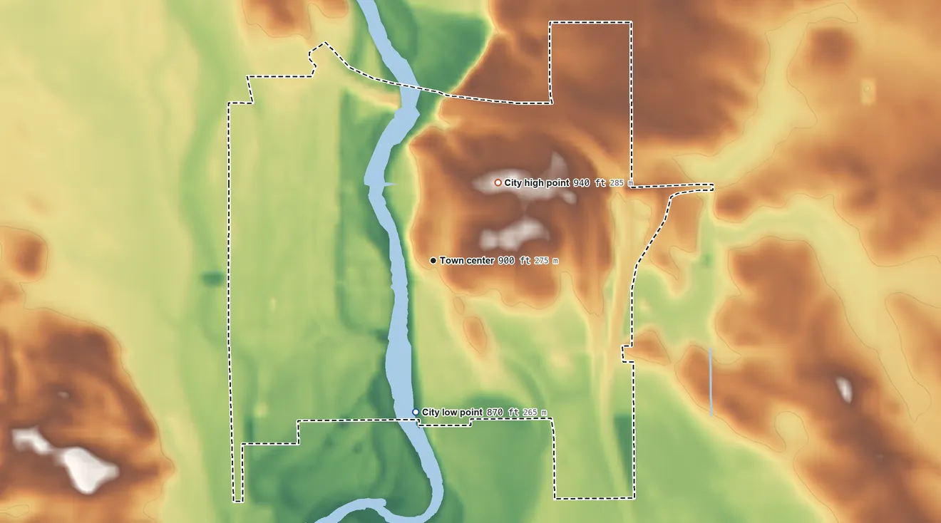 Topographic elevation map of Janesville, Iowa, shaded from 870 ft on the south side to 940 ft on the northeast side