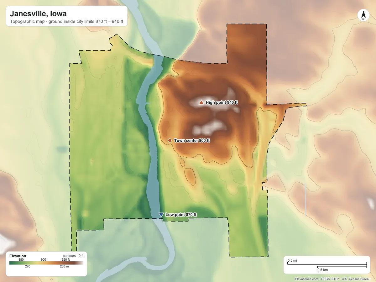 Topographic elevation map of Janesville, Iowa, shaded from 870 ft on the south side to 940 ft on the northeast side