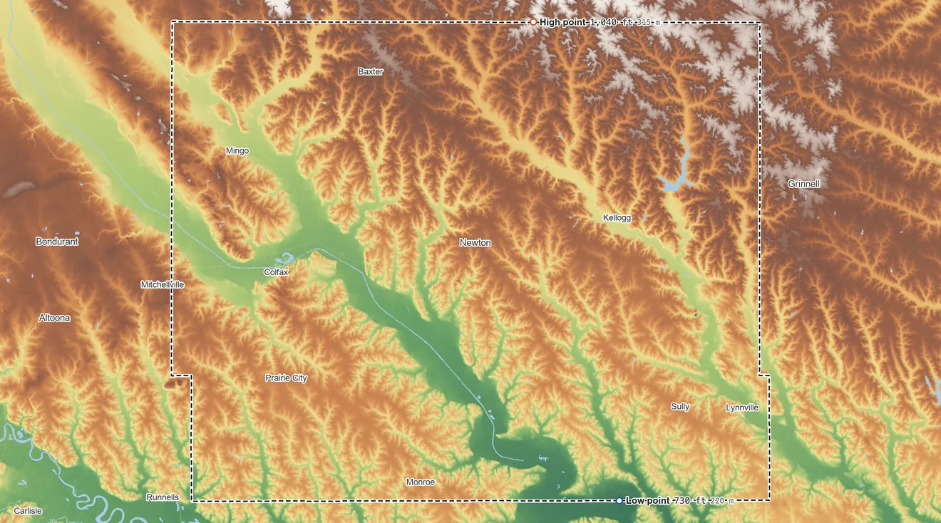 Topographic elevation map of Jasper County, Iowa, shaded from 730 ft on the southeast side to 1,040 ft on the north side
