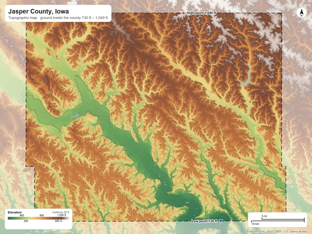 Topographic elevation map of Jasper County, Iowa, shaded from 730 ft on the southeast side to 1,040 ft on the north side