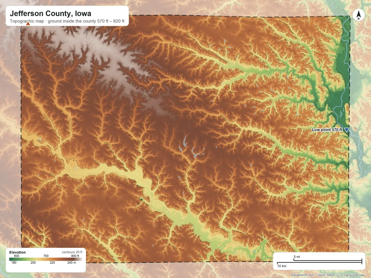 Topographic elevation map of Jefferson County, Iowa, shaded from 570 ft on the east side to 820 ft on the northwest side