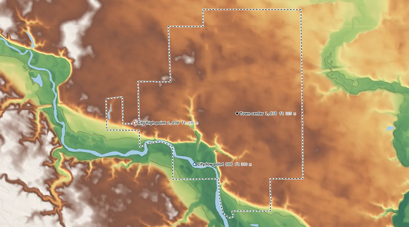 Topographic elevation map of Jefferson, Iowa, shaded from 980 ft on the southwest side to 1,090 ft on the west side