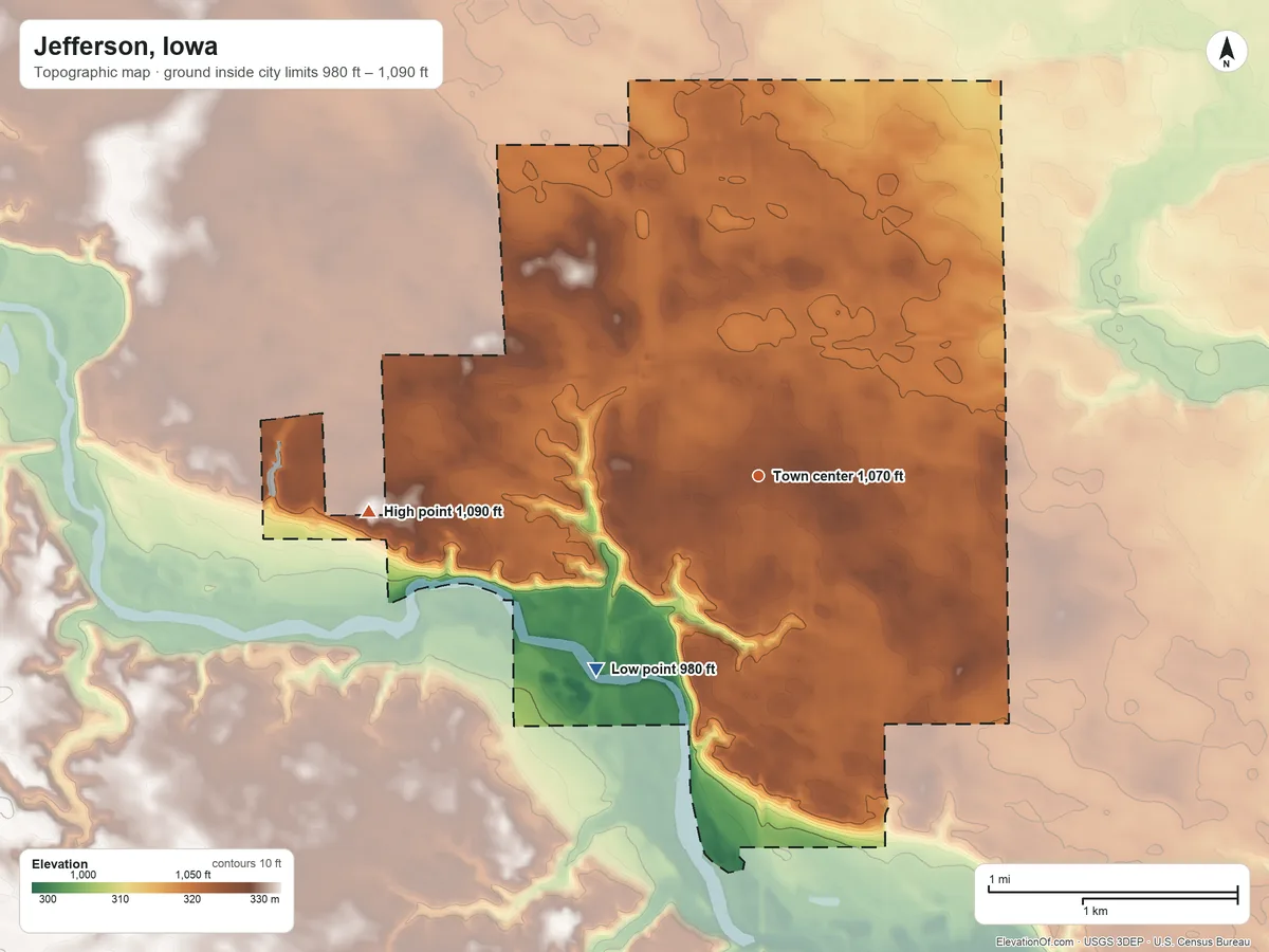 Topographic elevation map of Jefferson, Iowa, shaded from 980 ft on the southwest side to 1,090 ft on the west side