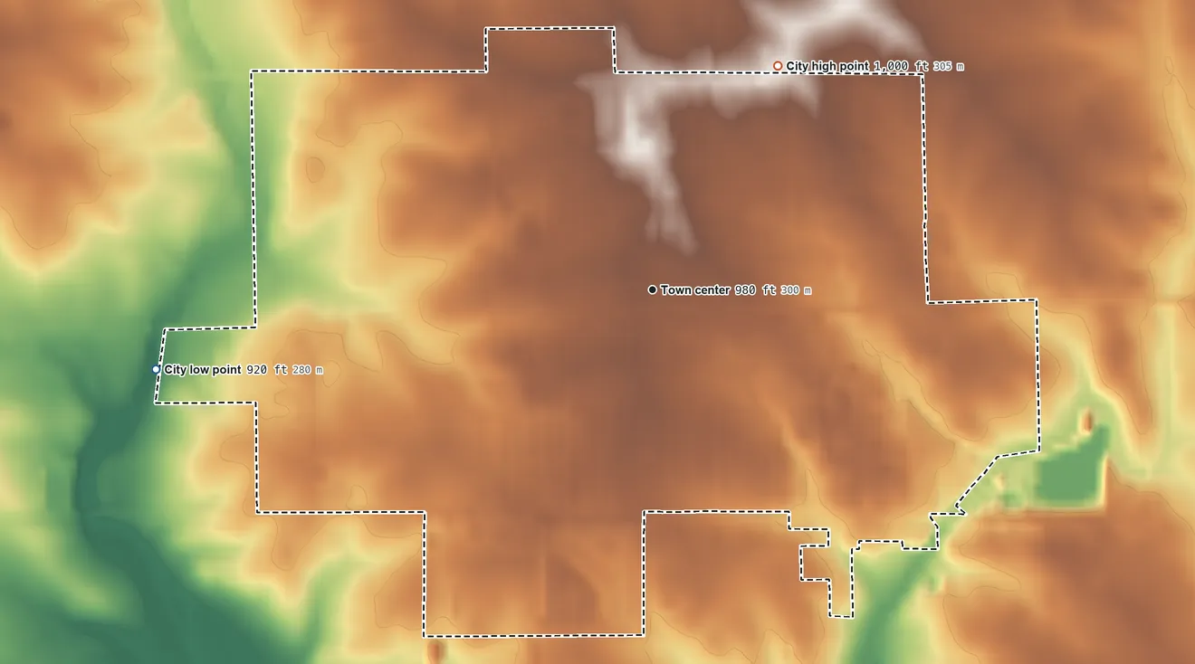Topographic elevation map of Jesup, Iowa, shaded from 920 ft on the west side to 1,000 ft on the northeast side
