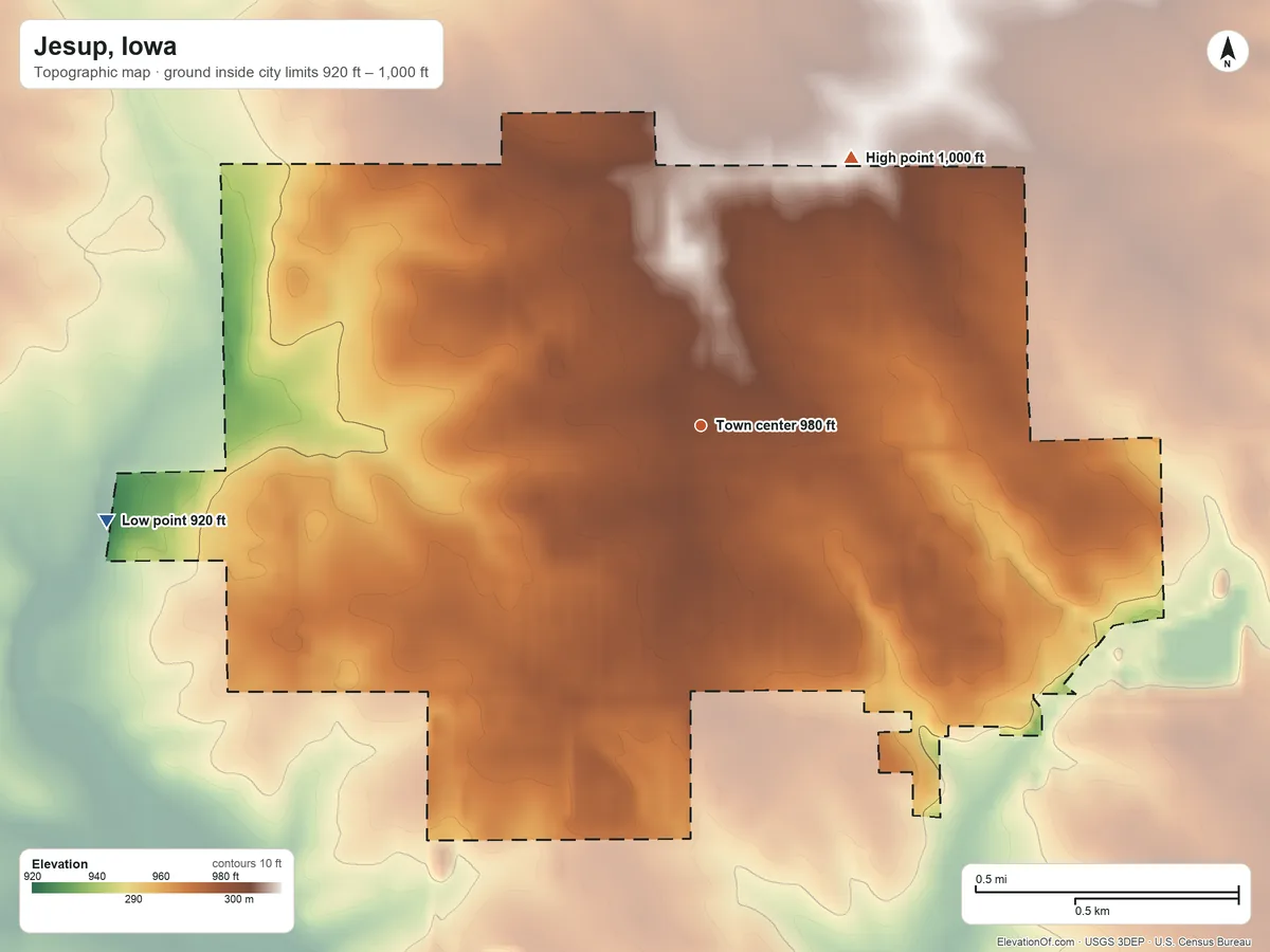 Topographic elevation map of Jesup, Iowa, shaded from 920 ft on the west side to 1,000 ft on the northeast side