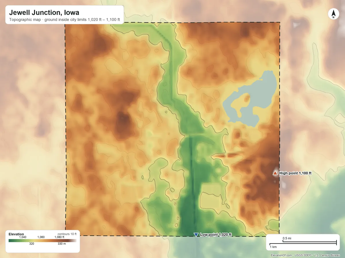 Topographic elevation map of Jewell Junction, Iowa, shaded from 1,020 ft on the southeast side to 1,100 ft on the east side