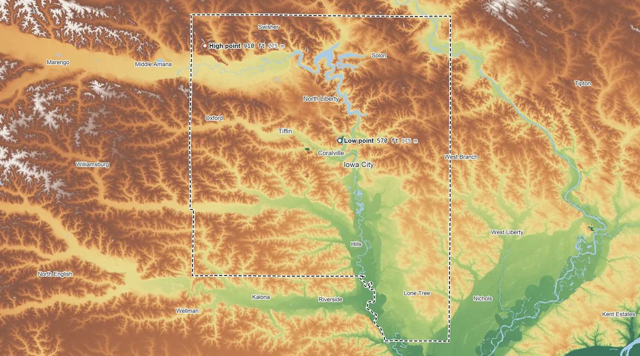 Topographic elevation map of Johnson County, Iowa, shaded from 570 ft on the northeast side to 910 ft on the northwest side