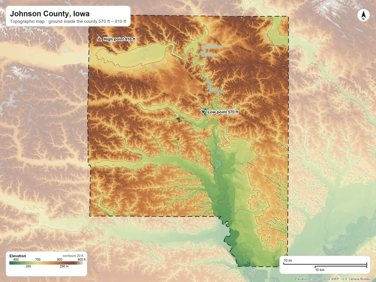 Topographic elevation map of Johnson County, Iowa, shaded from 570 ft on the northeast side to 910 ft on the northwest side