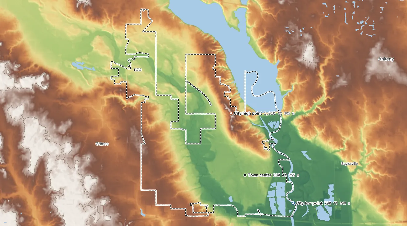 Topographic elevation map of Johnston, Iowa, shaded from 790 ft on the southeast side to 1,010 ft on the north side
