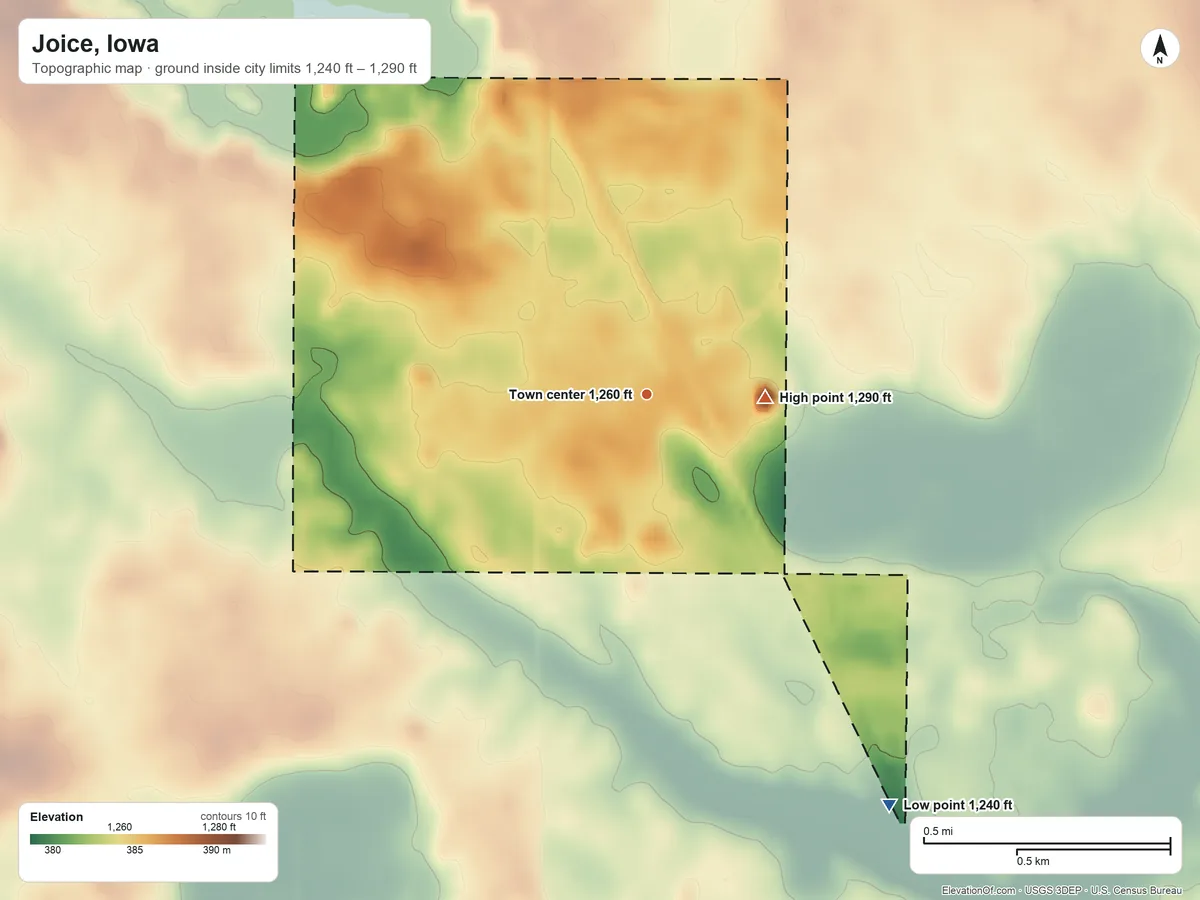 Topographic elevation map of Joice, Iowa, shaded from 1,240 ft on the southeast side to 1,290 ft on the east side