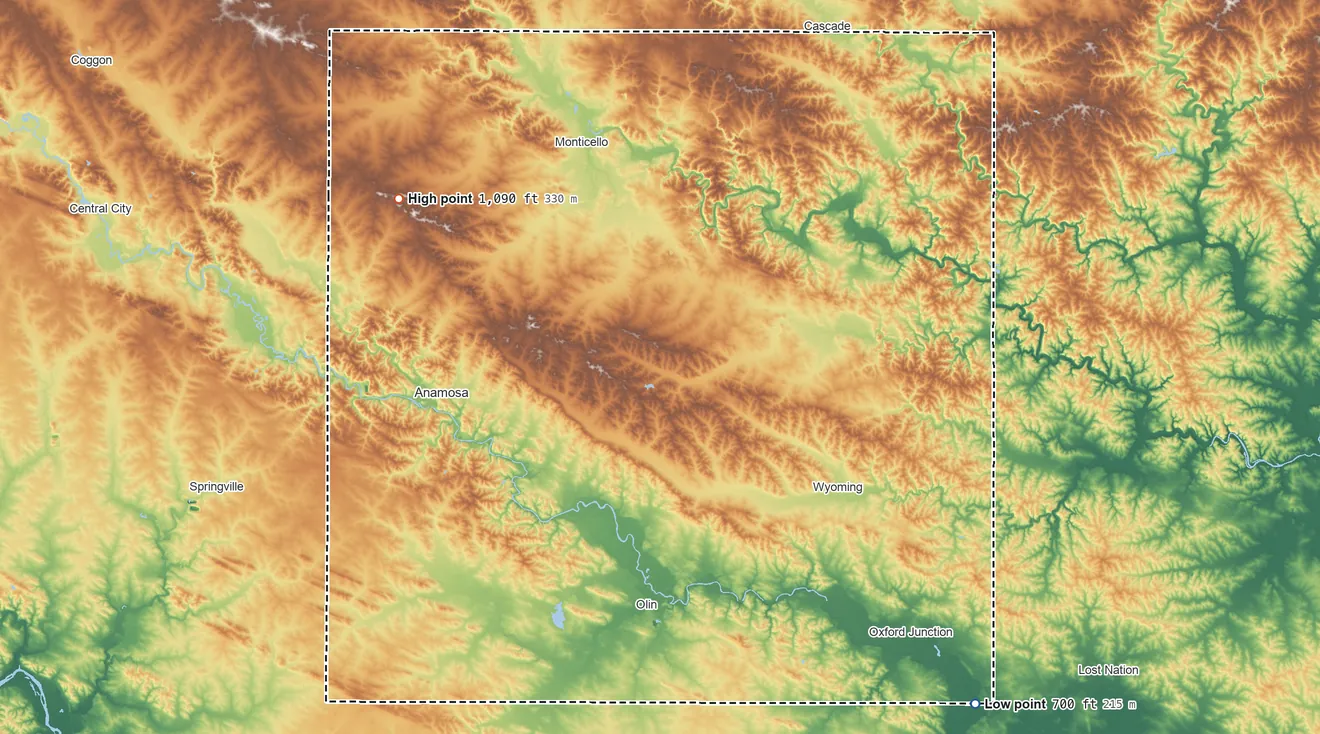 Topographic elevation map of Jones County, Iowa, shaded from 700 ft on the southeast side to 1,090 ft on the northwest side
