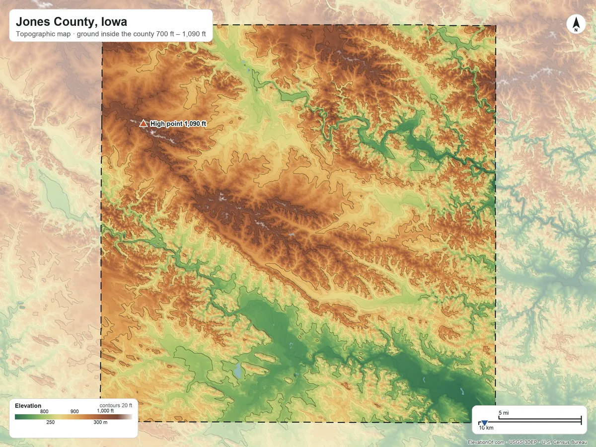 Topographic elevation map of Jones County, Iowa, shaded from 700 ft on the southeast side to 1,090 ft on the northwest side