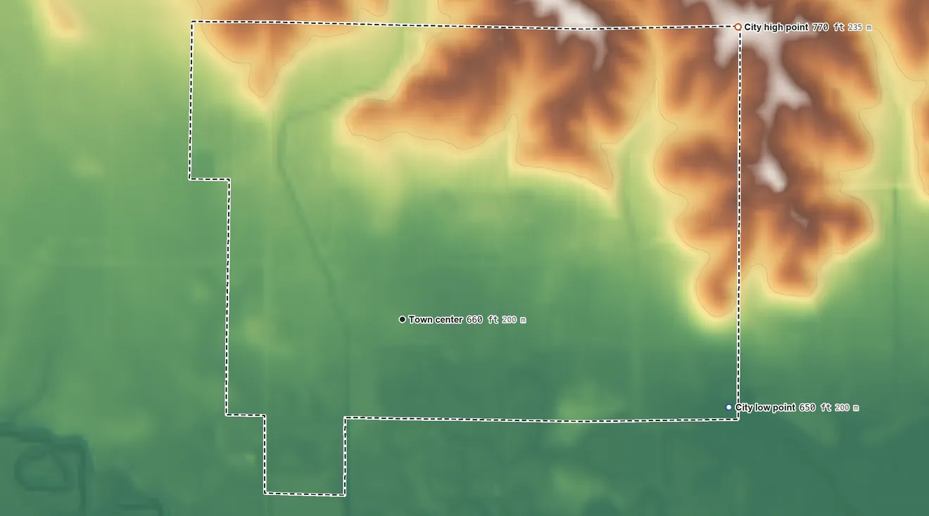 Topographic elevation map of Kalona, Iowa, shaded from 650 ft on the east side to 770 ft on the northeast side