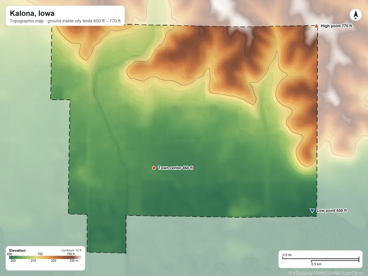 Topographic elevation map of Kalona, Iowa, shaded from 650 ft on the east side to 770 ft on the northeast side