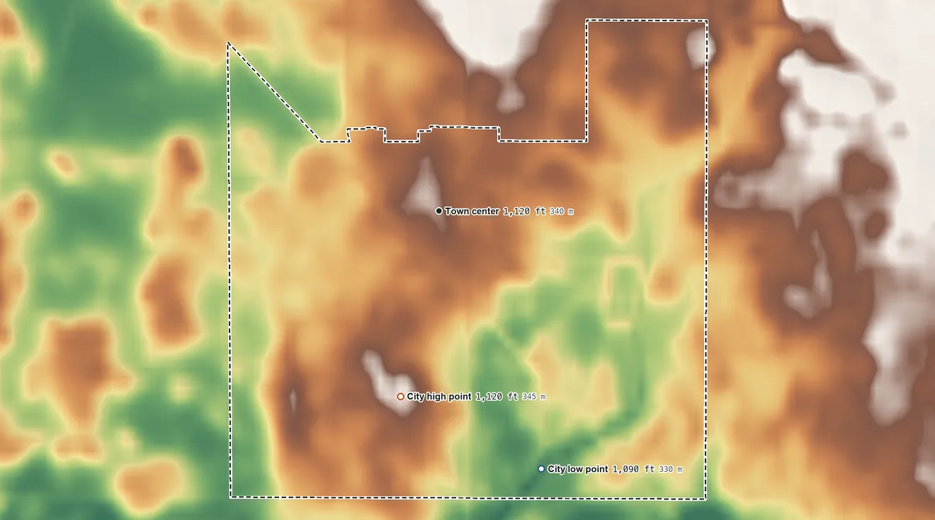 Topographic elevation map of Kamrar, Iowa, shaded from 1,090 ft on the south side to 1,120 ft on the south side