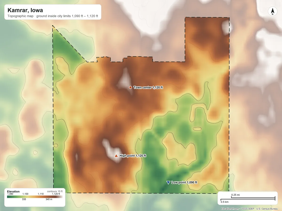 Topographic elevation map of Kamrar, Iowa, shaded from 1,090 ft on the south side to 1,120 ft on the south side