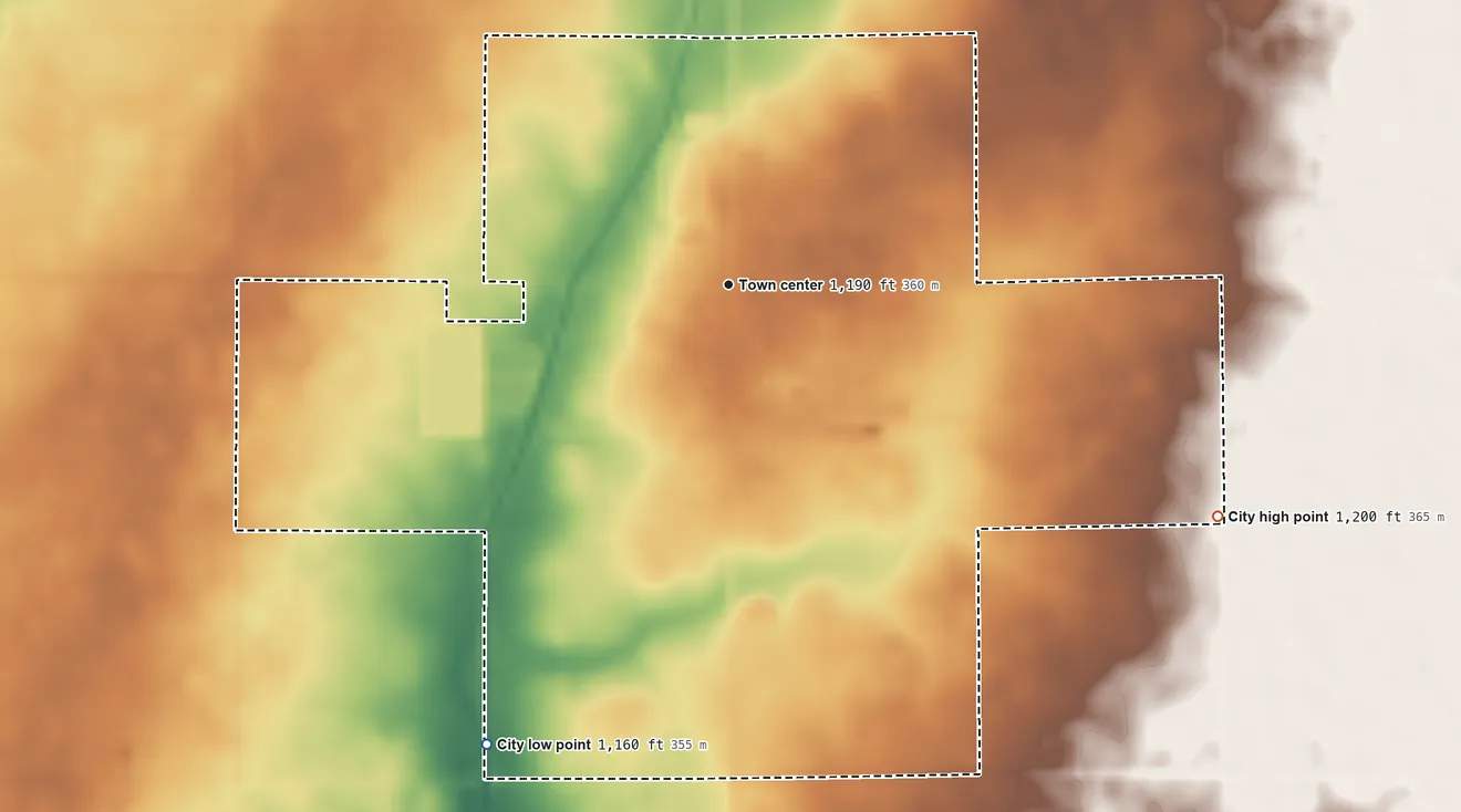 Topographic elevation map of Kanawha, Iowa, shaded from 1,160 ft on the southwest side to 1,200 ft on the southeast side