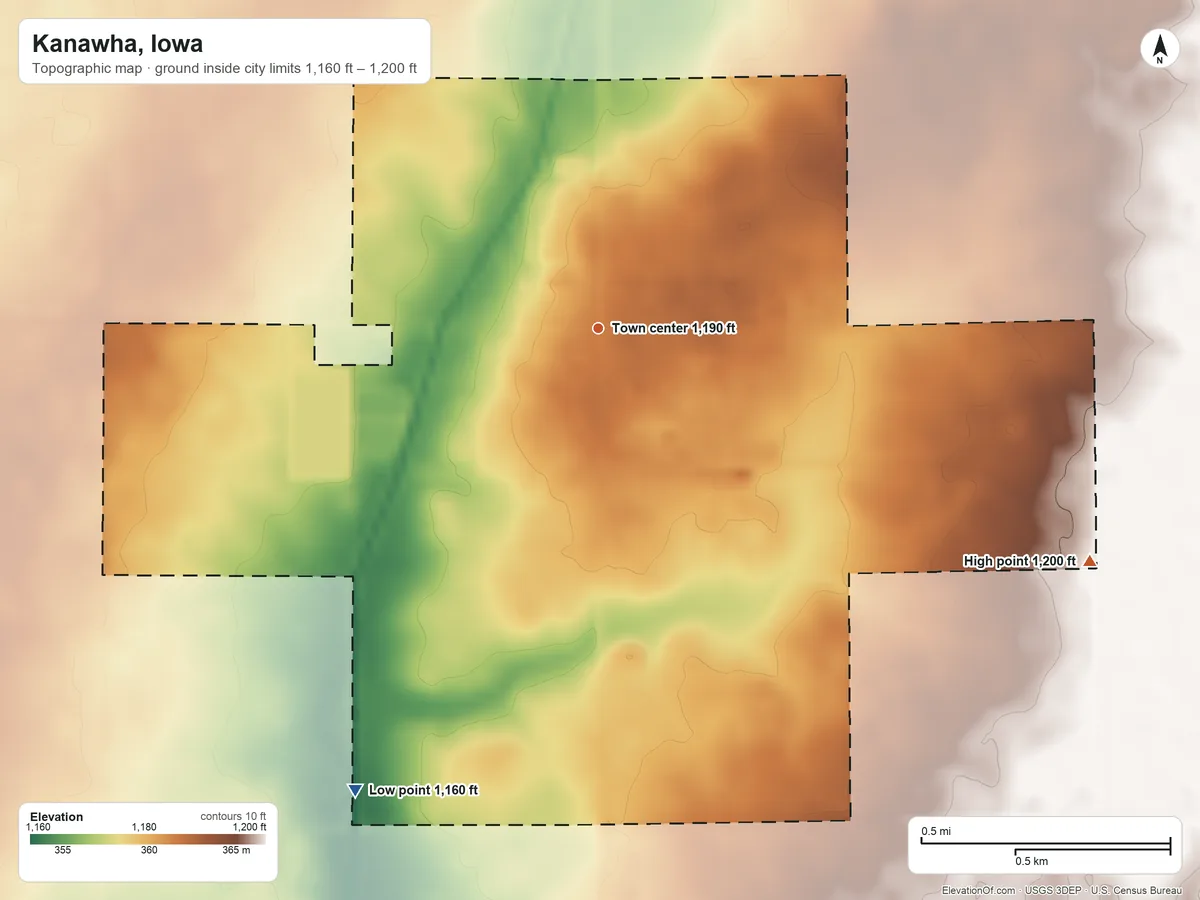 Topographic elevation map of Kanawha, Iowa, shaded from 1,160 ft on the southwest side to 1,200 ft on the southeast side