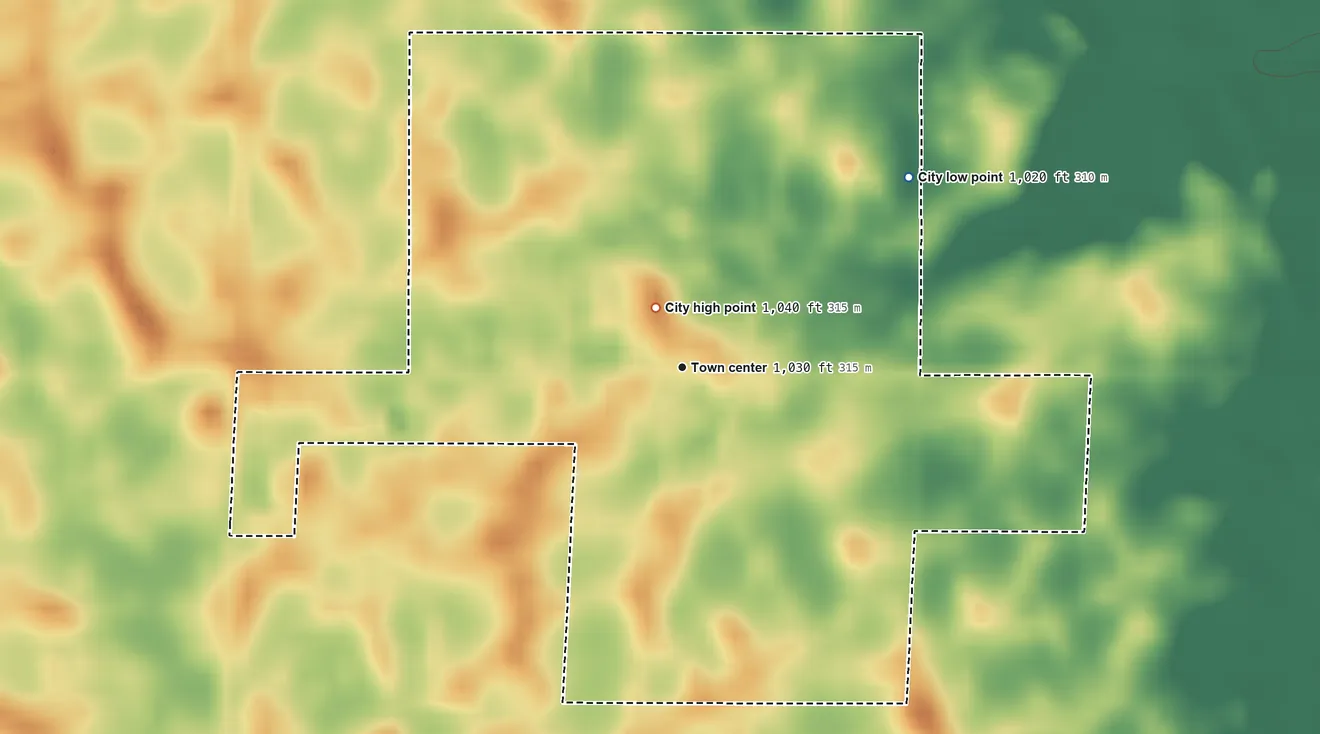 Topographic elevation map of Kelley, Iowa, shaded from 1,020 ft on the northeast side to 1,040 ft near the middle