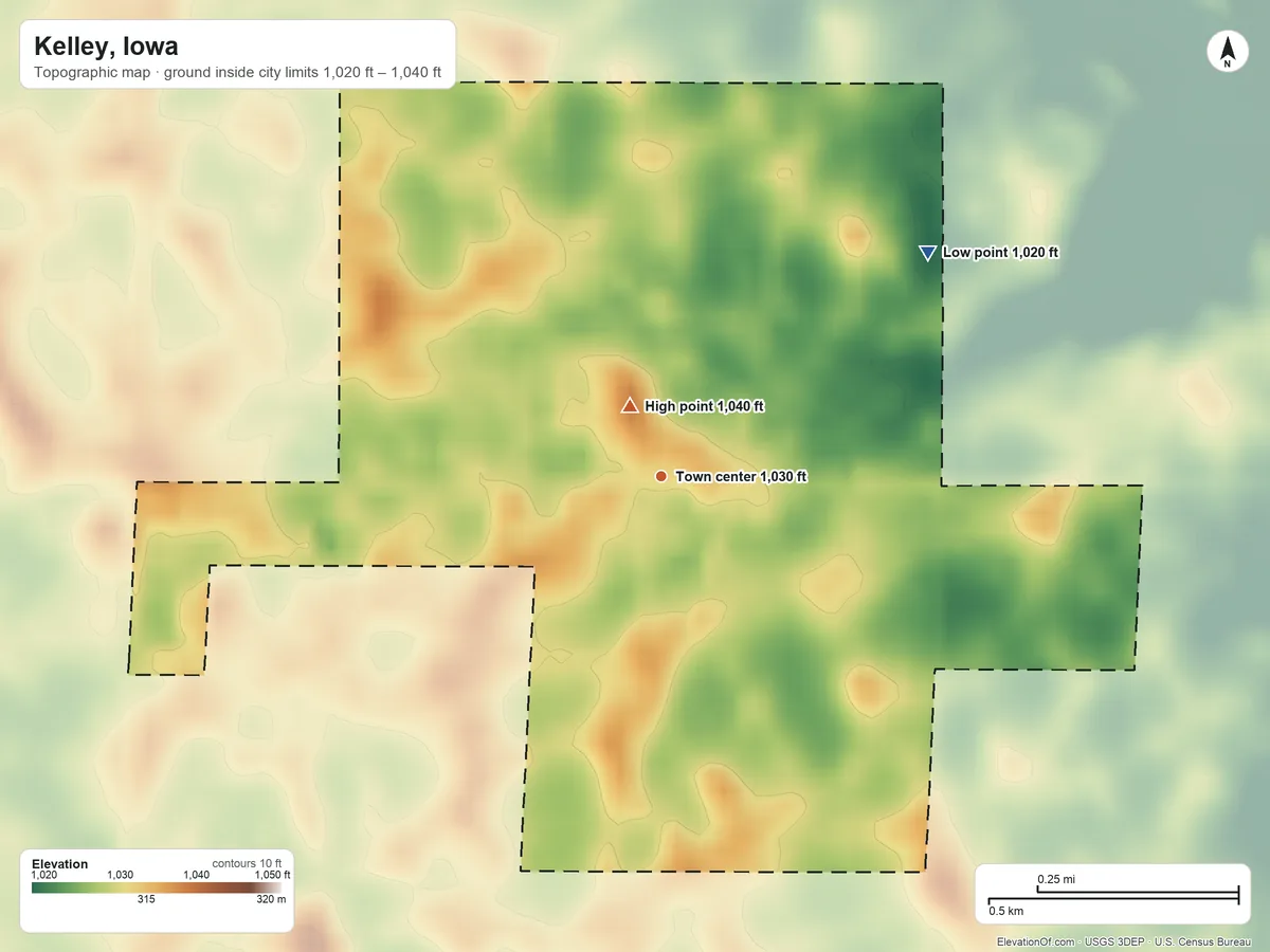 Topographic elevation map of Kelley, Iowa, shaded from 1,020 ft on the northeast side to 1,040 ft near the middle