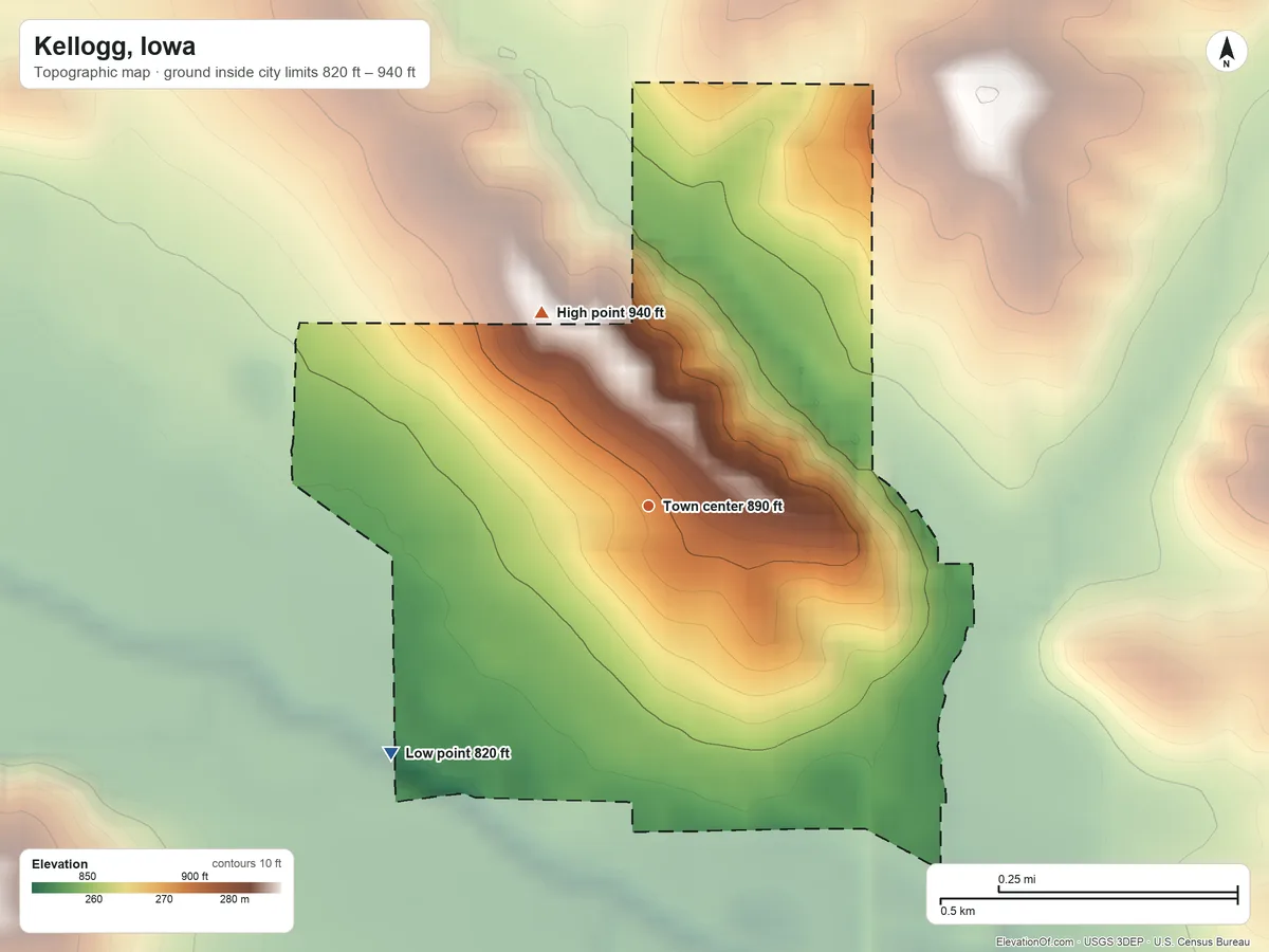 Topographic elevation map of Kellogg, Iowa, shaded from 820 ft on the southwest side to 940 ft on the northwest side