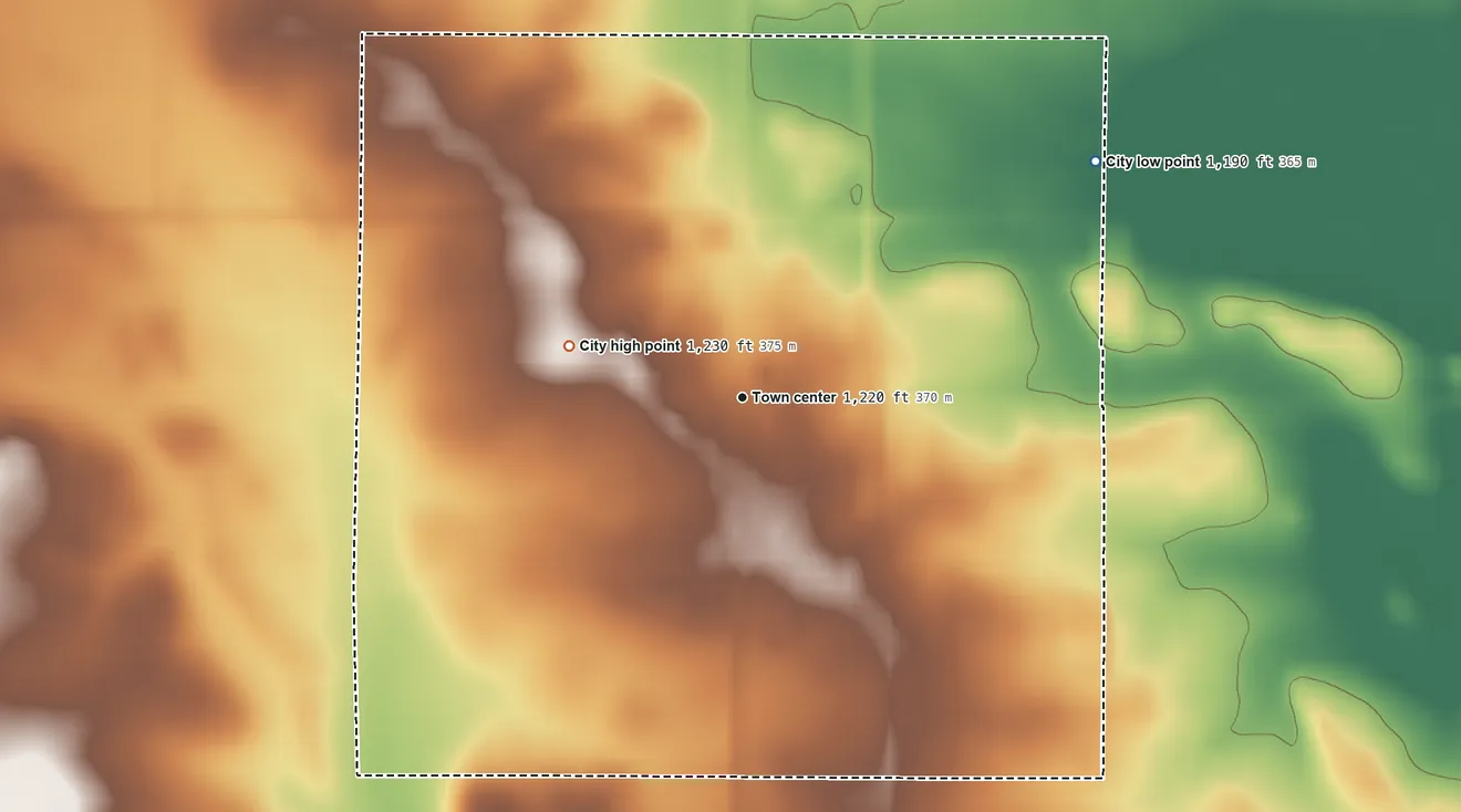Topographic elevation map of Kensett, Iowa, shaded from 1,190 ft on the northeast side to 1,230 ft on the west side
