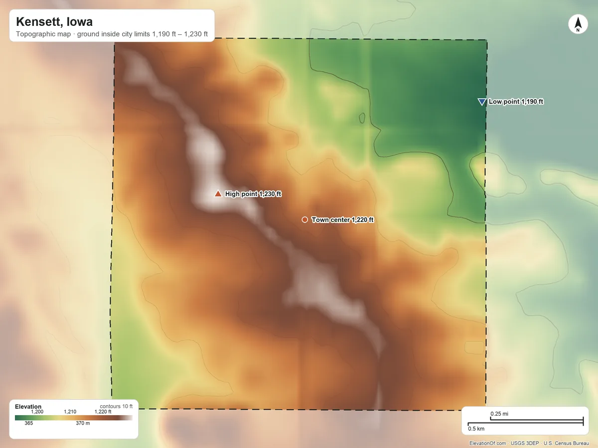 Topographic elevation map of Kensett, Iowa, shaded from 1,190 ft on the northeast side to 1,230 ft on the west side