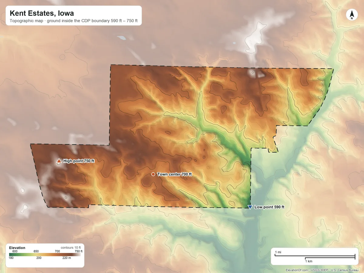 Topographic elevation map of Kent Estates, Iowa, shaded from 590 ft on the east side to 750 ft on the west side