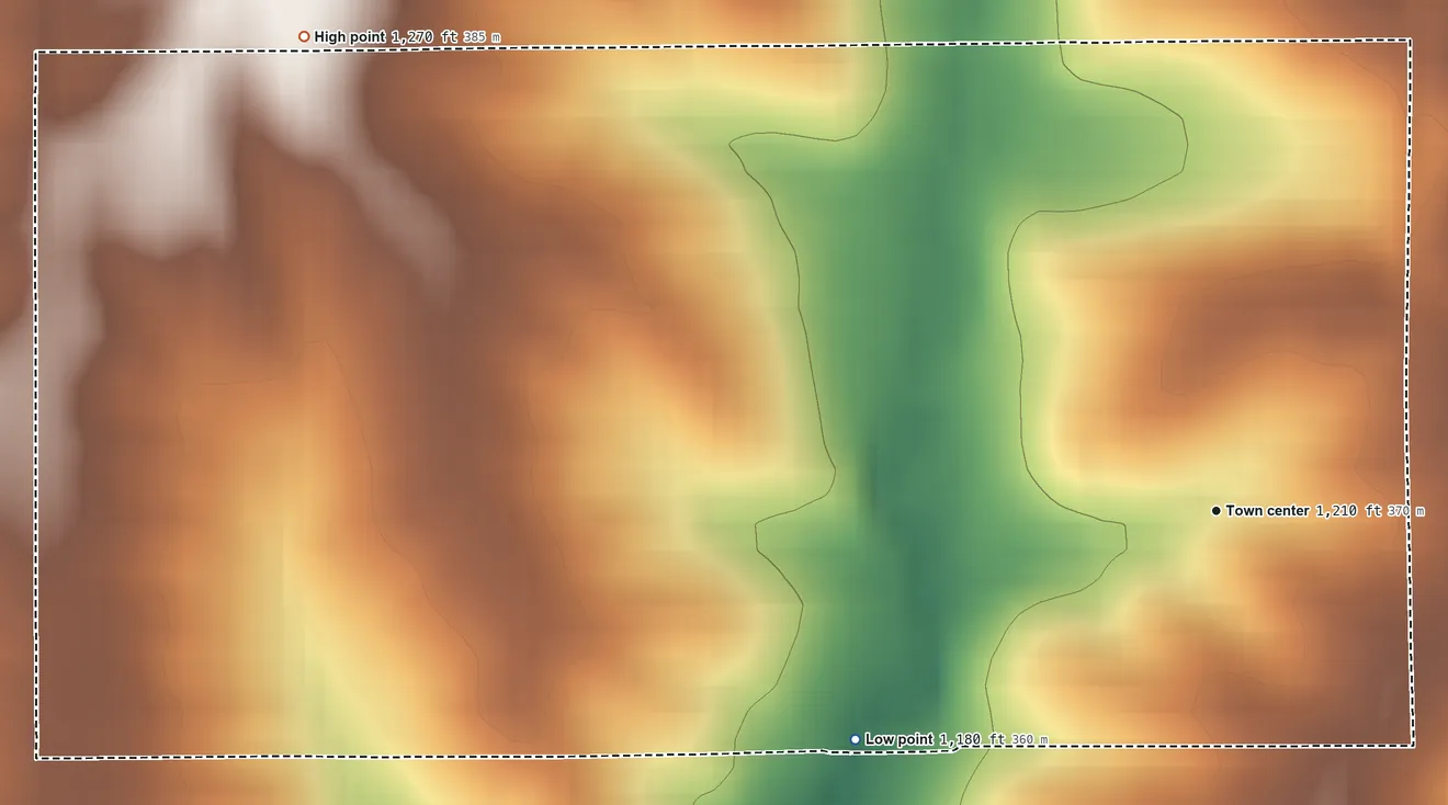 Topographic elevation map of Kent, Iowa, shaded from 1,180 ft on the southwest side to 1,270 ft on the northwest side