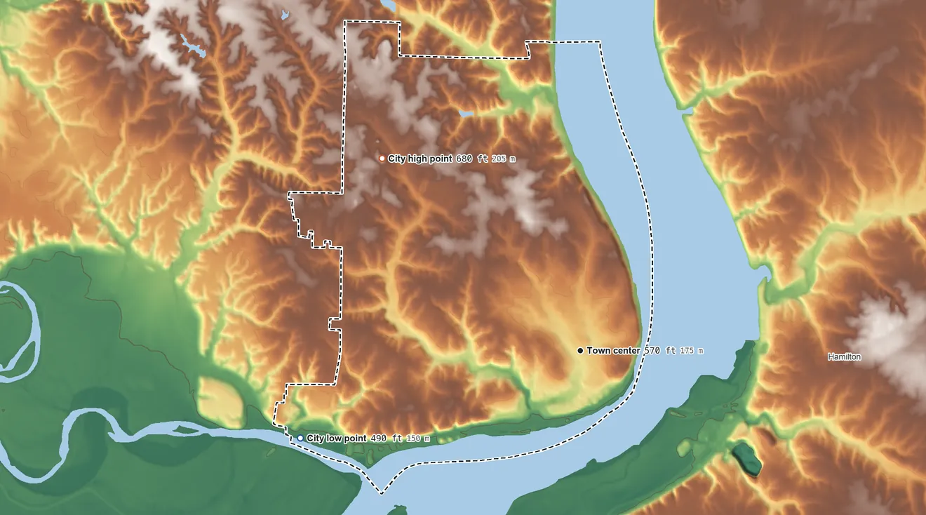 Topographic elevation map of Keokuk, Iowa, shaded from 490 ft on the west side to 680 ft on the northwest side