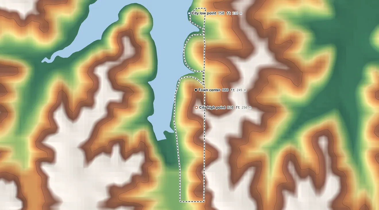Topographic elevation map of Keomah Village, Iowa, shaded from 750 ft on the north side to 820 ft near the middle
