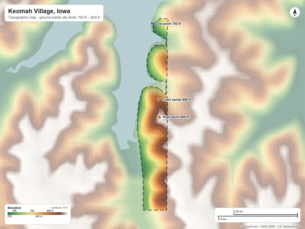 Topographic elevation map of Keomah Village, Iowa, shaded from 750 ft on the north side to 820 ft near the middle