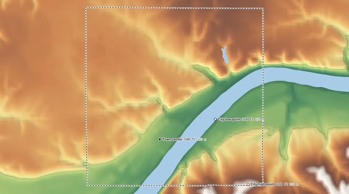 Topographic elevation map of Keosauqua, Iowa, shaded from 560 ft on the east side to 680 ft on the southeast side