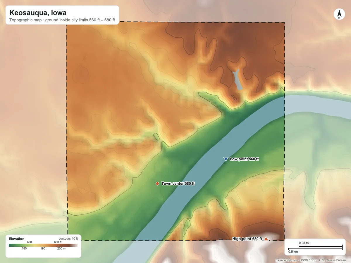 Topographic elevation map of Keosauqua, Iowa, shaded from 560 ft on the east side to 680 ft on the southeast side