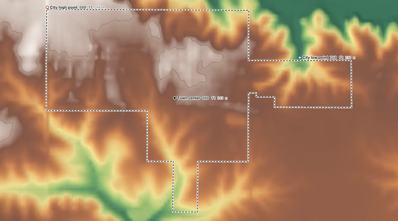 Topographic elevation map of Keota, Iowa, shaded from 760 ft on the east side to 800 ft on the northwest side