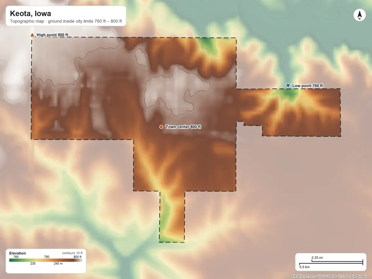 Topographic elevation map of Keota, Iowa, shaded from 760 ft on the east side to 800 ft on the northwest side